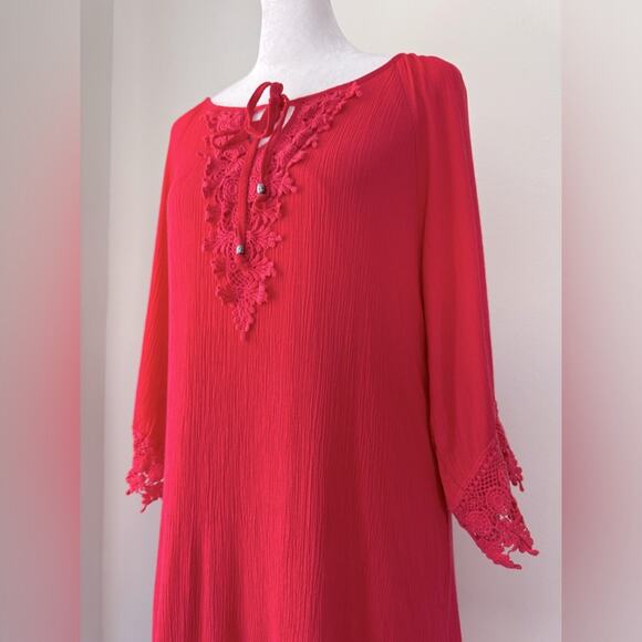 Naïf Coral Pink 3/4 Sleeve Crochet Shift Tunic Mini Dress - Picture 2 of 9